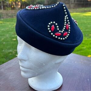 Vintage Velvet Felt Navy Blue Beret Cap Hat Pillbox Hat Red Rhinestones Pearls